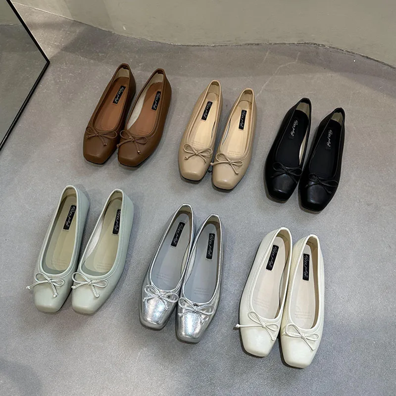 2024 Sliver New Women Flat Shoes Fashion Square Toe Shallow Slip On Ladies Casual Ballet Shoes Soft Leather Outdoor Loafers S