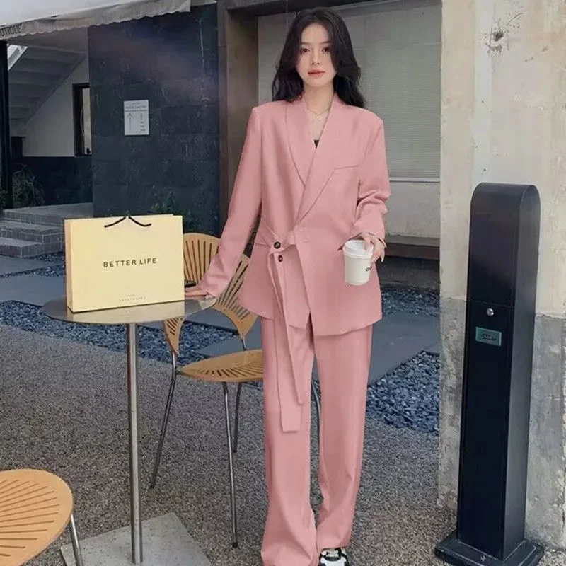 

Autumn Women Fashion Tops High Waist Outfit Korean Ladies Long Sleeves Suit Wide Leg Pants 2025 Female Solid Color Blazer 2PCS