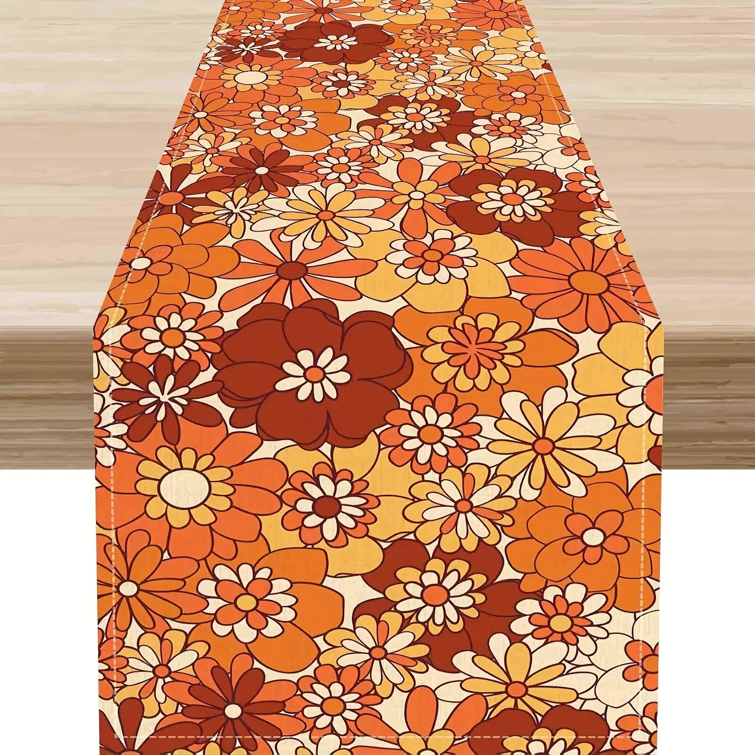 1 Stück Retro-Tischläufer mit orangefarbenem Blumenmuster, braune und beige Blumen, flippiger Couchtisch, Mitteldekoration, Küche, Esszimmer, Terrasse, drinnen und draußen