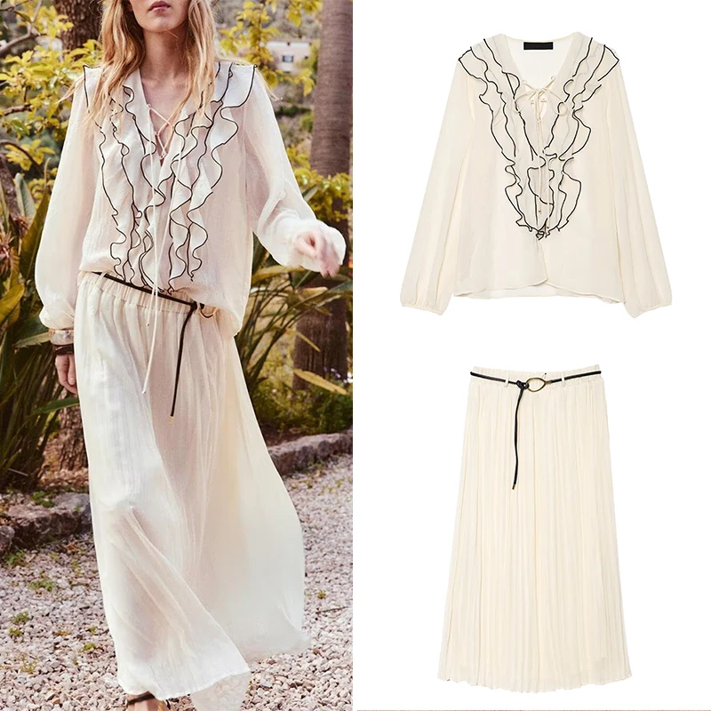 

2025 Summer New Women's Semi-Transparent Layered Decoration Shirt Drapey Skirt Fashionable Polyester Fiber Ladies Set