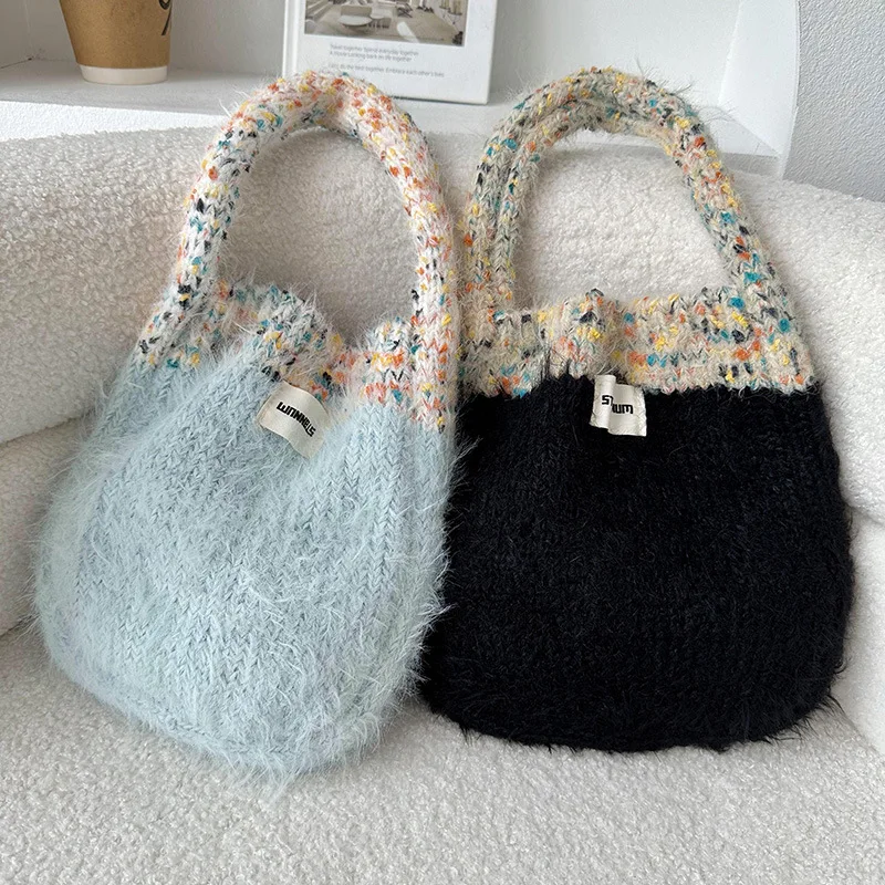 Women Fashon Knitted Handbags Contras Color Soft Knitting Handle Bag Female Casual Commute Phone Packs