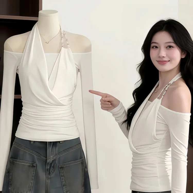 

Spring 2026 White Splice Long Sve Chiffon Top Fake Two-Piece Ele Office Wear Women's Faion Versatile Polyester Fiber