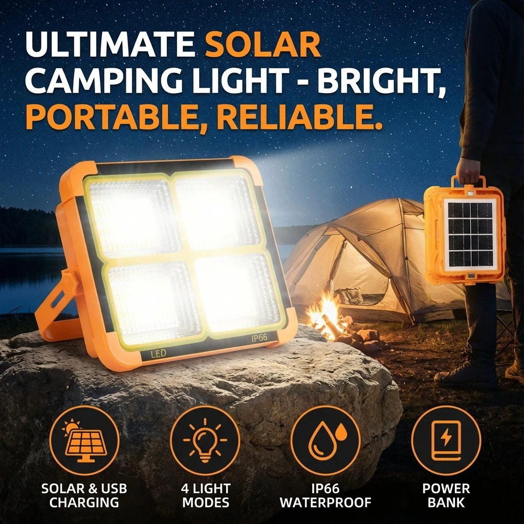 

1000W Solar LED Flood Light Outdoor Portable Waterproof Work Lamp USB Rechargeable Camping Emergency Lighting