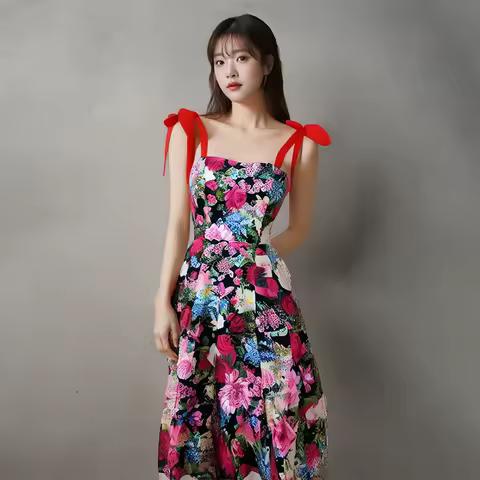 Women 50s 60s Retro Multicolor Floral Printed Fit Vintage Dress Bow Tie Straps Backless Dress Birthday Prom Evening Party Dress