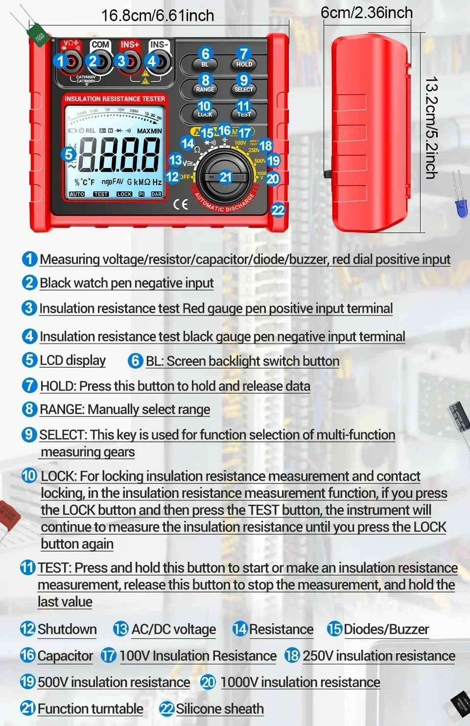 ANENG MH15 Digitaler Megger-Tester 6000 Zähler Isolationswiderstandsmessgerät 100V 250V 500V 1000V Isolationsmessgerät Stromkreisprüfgerät – Detail 12