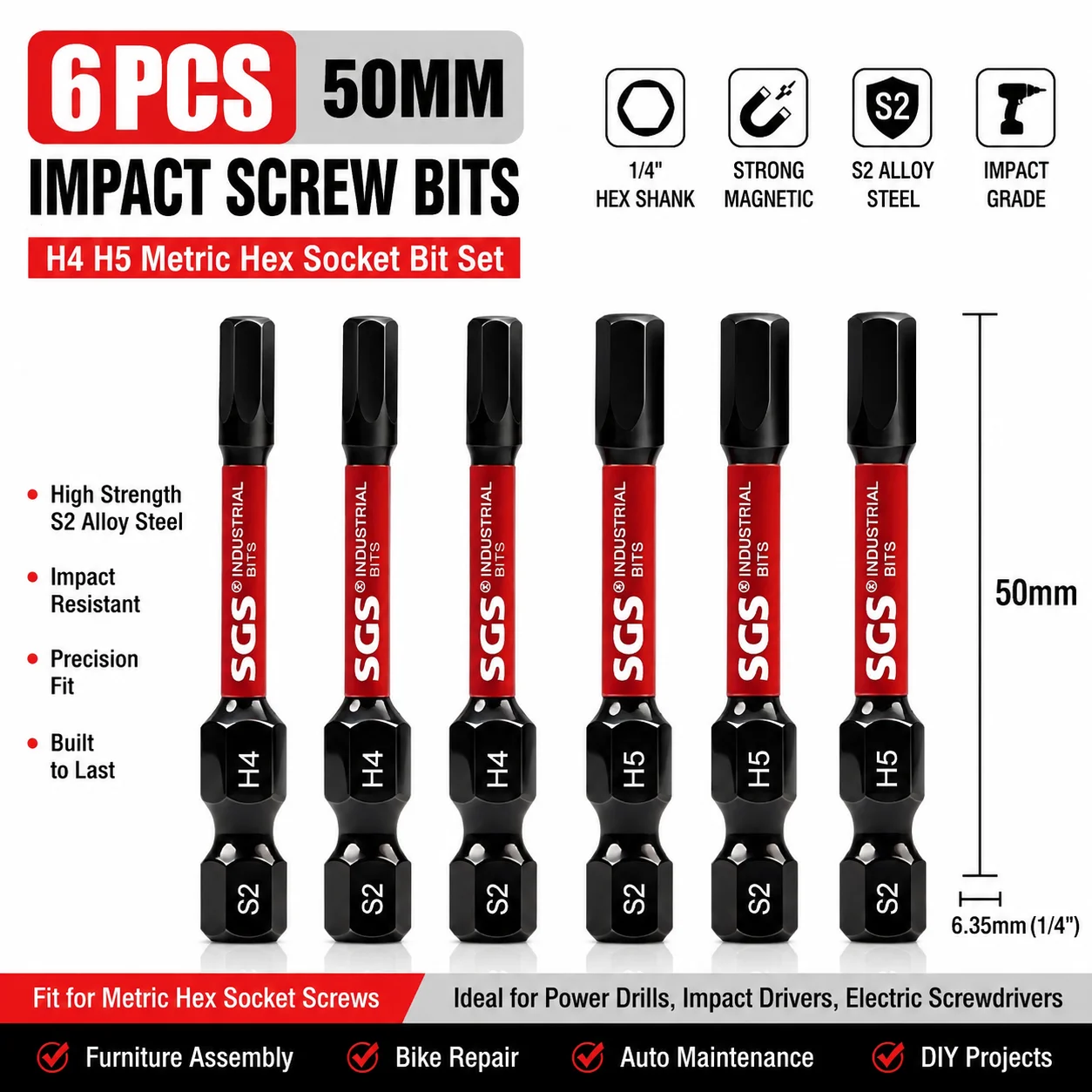 6-Piece Set of H4 H5 Magnetic Hex Screwdriver Bits, 50mm Long, S2 Steel Impact-Grade Screwdriver Bits, Hex Screwdriver Bits, 1/ 4inch Hex Shank, Suitable for Flat-Pack, Furniture Assembly, Bicycle Repair, 3D Printer Repair