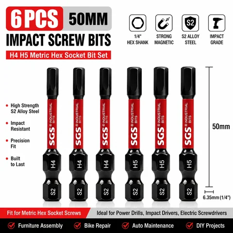 6-Piece Set of H4 H5 Magnetic Hex Screwdriver Bits, 50mm Long, S2 Steel Impact-Grade Screwdriver Bits, Hex Screwdriver Bits, 1/ 4inch Hex Shank, Suitable for Flat-Pack, Furniture Assembly, Bicycle Repair, 3D Printer Repair