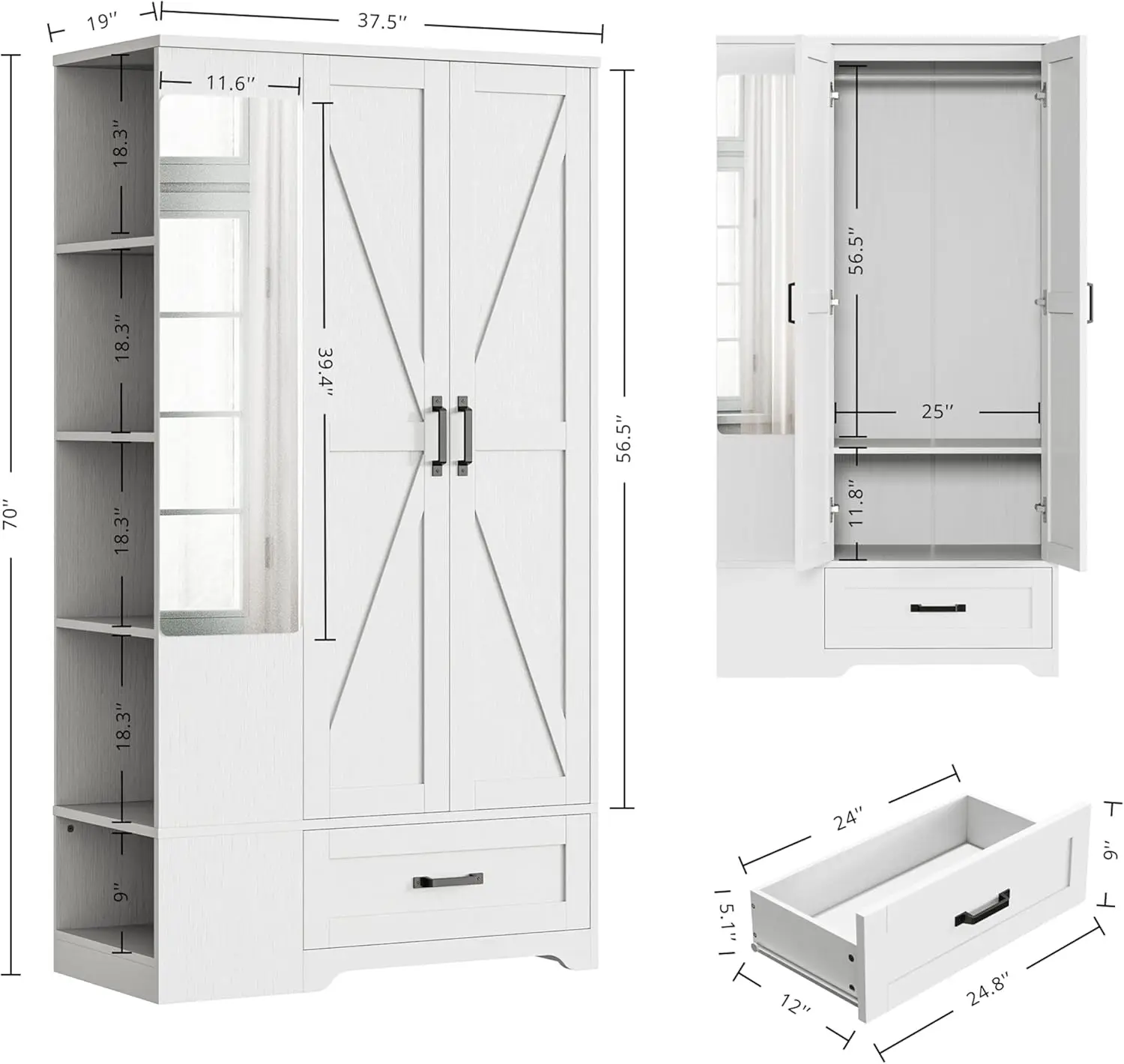 Likimio Armoire Wardrobe Closet With Barn Doors And Drawers And Full Mirror And 5 Storage Shelves 70