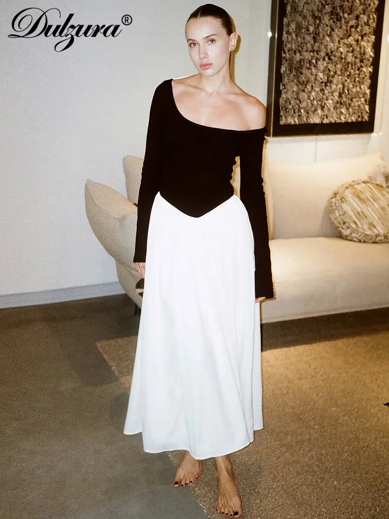 Dulzura 2025 가을 패션 우아한 O넥 긴 소매 슬림 리본 패치워크 플리츠 롱 드레스 이브닝 파티 클럽 프로모션 의류