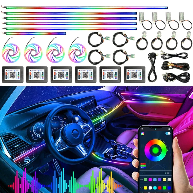 

Car Ambient Acrylic Lights 64 RGB LED Auto Interior Accessories Light App Remote Control Atmosphere Colorful Lamp Strips 22in1