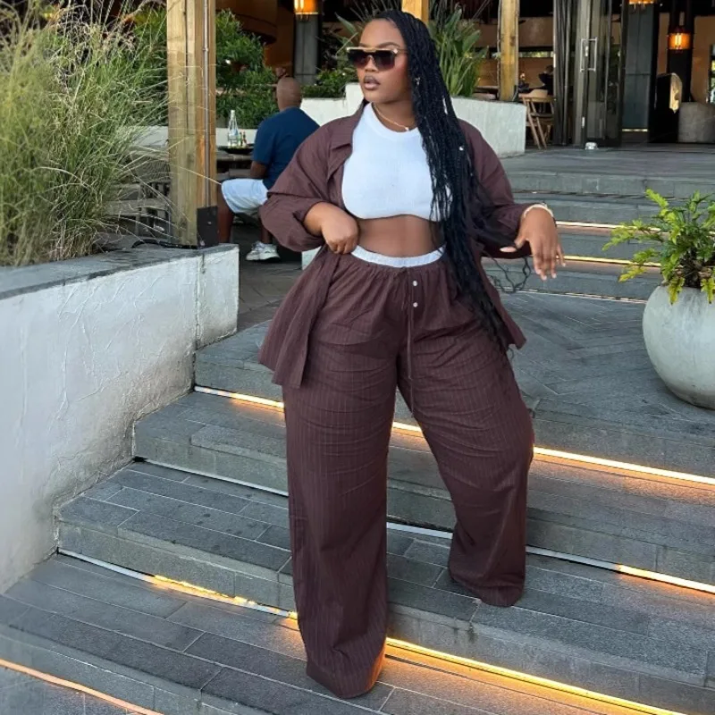 Plus Size Striped 2 Piece Set Summer Elegant Women Button Up Shirt & Elastic Waist Wide Leg Pants Casual Loose African Outfits