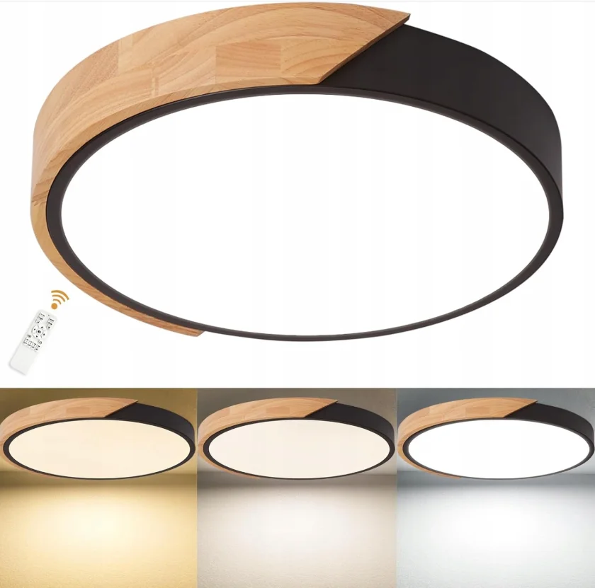 43W LED-Deckenleuchte, Stufenlose Dimmung mit Fernbedienung, 3000-6500K, Holz-Deckenleuchte, 30cm Durchmesser Runde Deckenleuchte