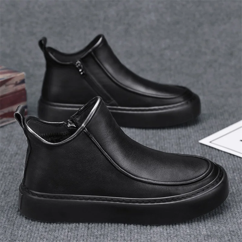 

High-end Men's Black Boots Casual Leather Boots Zipper Flat Bottom Casual Walking Shoes Waterproof Men One Foot Shoes Sneakers