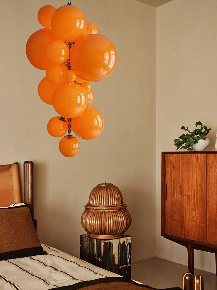 

Nordic Retro Orange Glass Grape Ball Shape Chandeliers Ceiling lustre Height adjustable for Café bar Kitchen island decoration