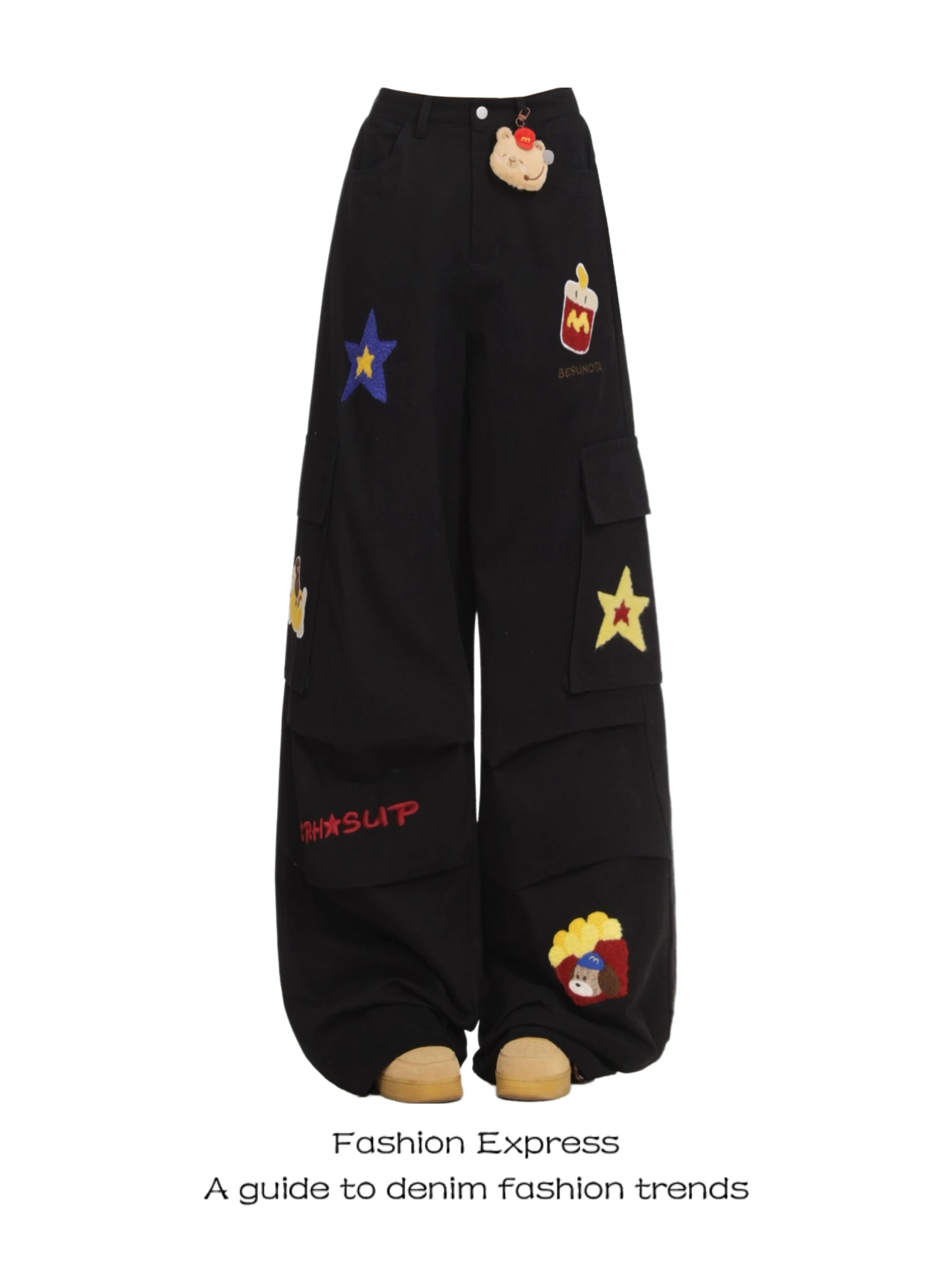 

Korean Sle Embroidered Wide Leg Jeans Women's Bla Simple High Waist Straight Cut Casual Pants Faionable Trendy Brand