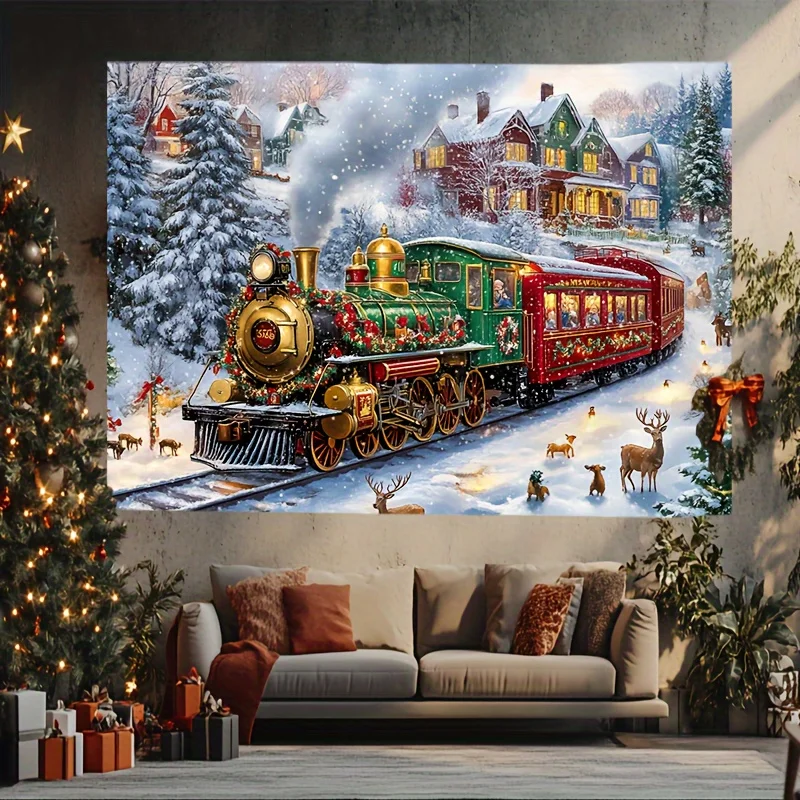 VIKAMA Weihnachten Vintage Schnee Szene Zug Tapisserie Wohnzimmer Sofa Hintergrund Wandbehang Weihnachten Party Raum Dekor