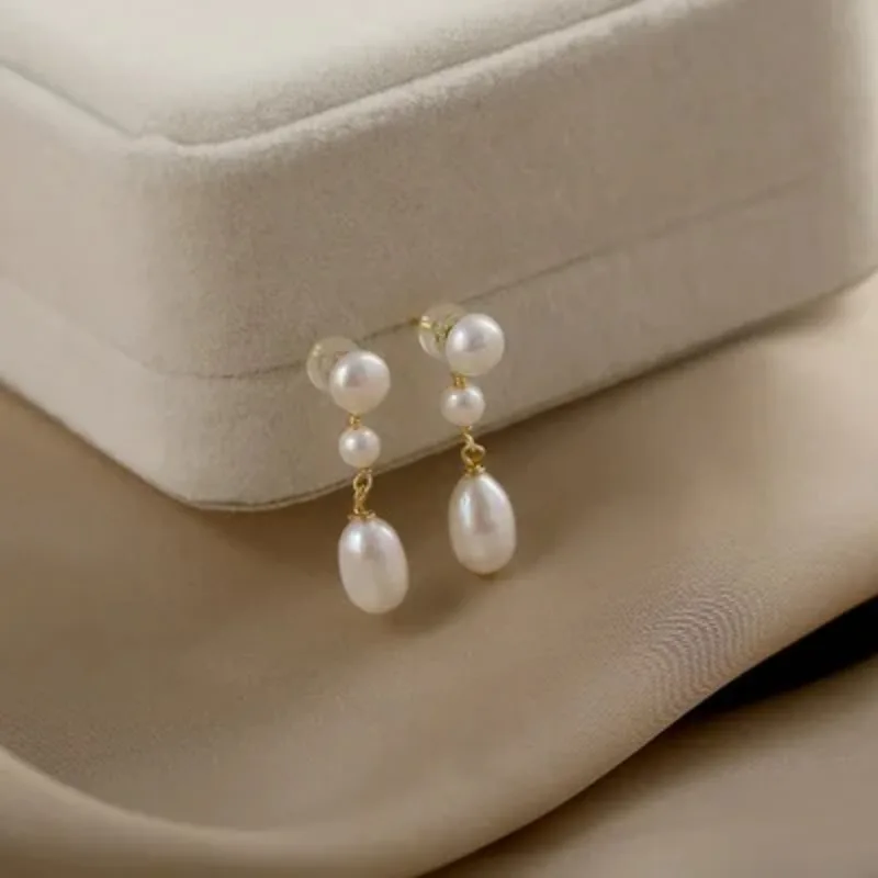 Minar High Quality Three Freshwater Pearls Strand Drop Earrings For Women Gold Plated Brass Long Earring Statement Jewelry