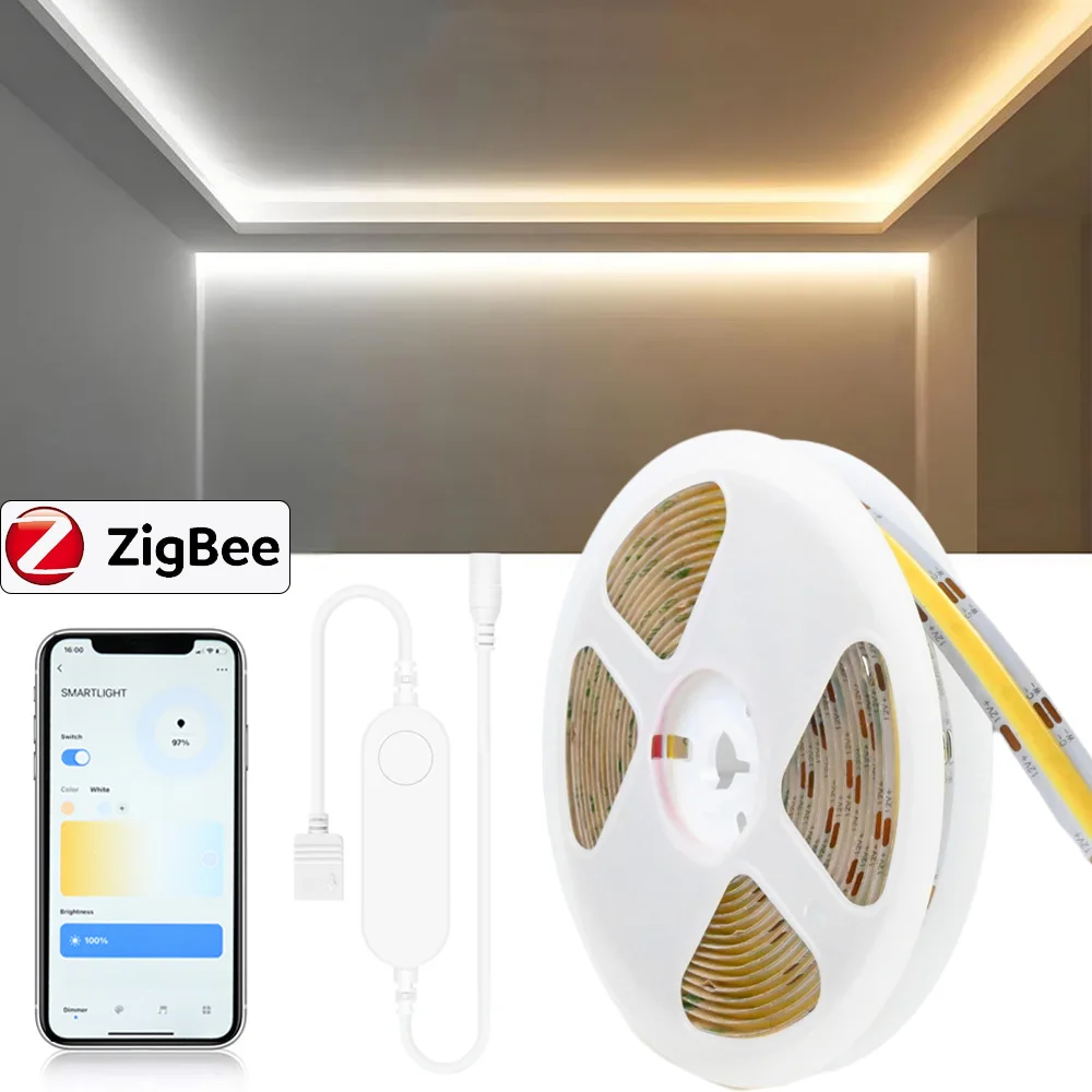 Tuya Zigbee CCT COB LED Strip 12V 1m 2m 3m 5m 10m FOB Flexible Dimmable Tape 2700K to 6500K Lighting for Alexa Google Assistant