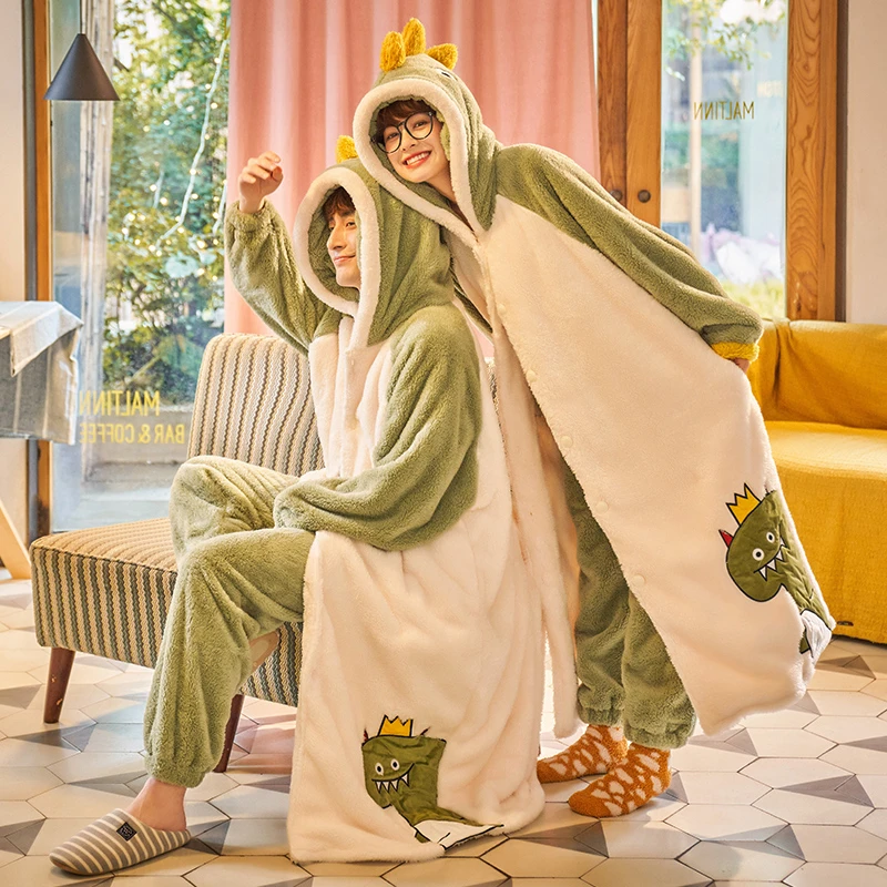 Couples Night-robe Women Men Pajamas Winter Thicken Nightgown Sleepwear Kawaii Crocodile Hooded Pijama With Pants Night Gown