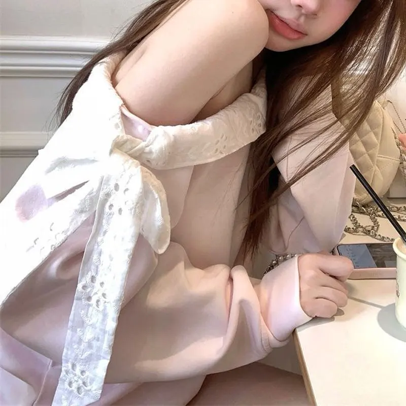

Gentle Korean Skew Collar Sweatshirts Autumn New Lace Spliced Women's Clothing Fashion Drawstring Bow Loose Solid Color Hoodies