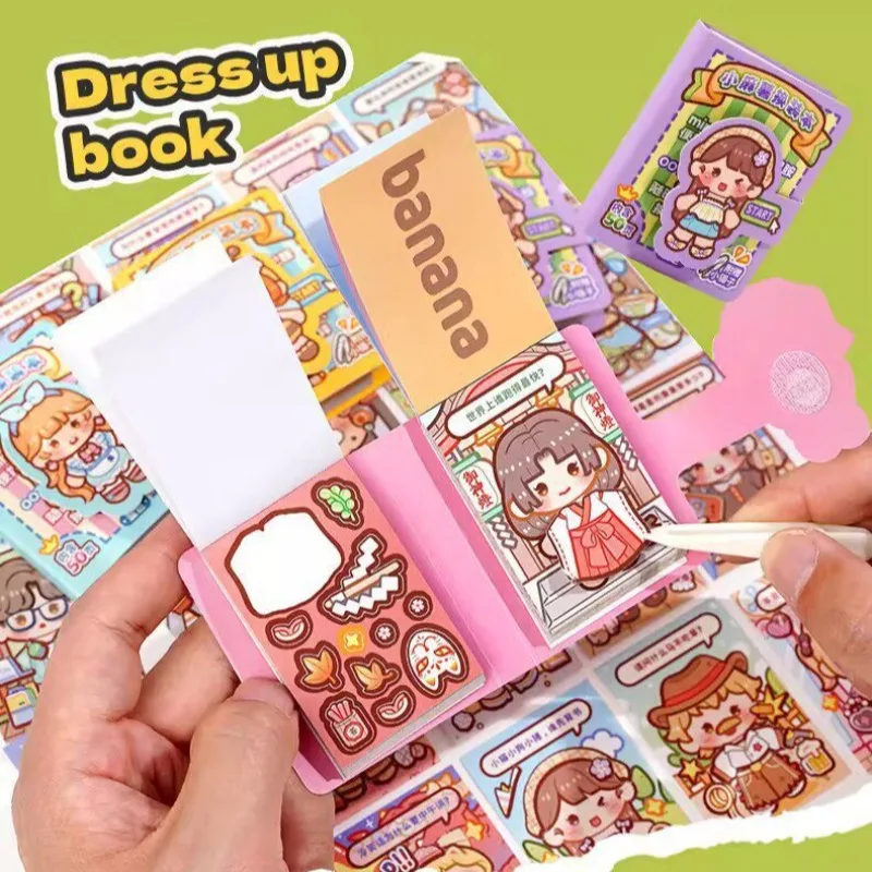 Cute Mini Cartoon Dress-Up Sticker Book with Tweezer DIY 50 Sheets Outfit Sticker Pocket Dress Up Aesthetic Journal Scrapbooking