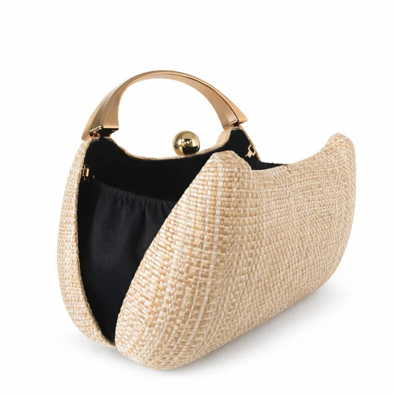 Natural Woven Hard Box Clutch Elegant Ladies Beige Gold Curved Handle Evening Handbag Summer Vacation Outdoor Wedding Purse view 6