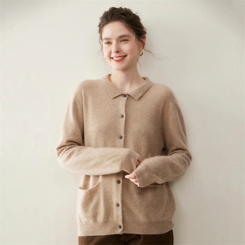 

Женский кардиган с воротником-поло, 100% кашемировый свитер, рубашка, осень-зима, плотный удобный теплый кашемировый вязаный свитер, пальто, одежда