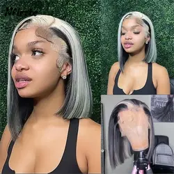 Black White Ombre Highlight Lace Front Wig Straight Bob Wig 13x4 Glueless Wig Human Hair Brazilian Remy Lace Frontal Wig