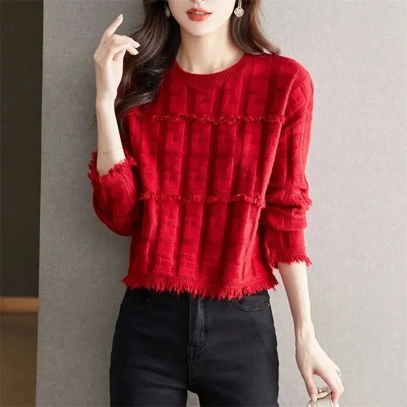 

Весенний женский модный короткий вязаный кардиган с круглым вырезом в корейском стиле, большие размеры до 4XL, пуловер, вязаный топ, осенний женский свитер с бахромой