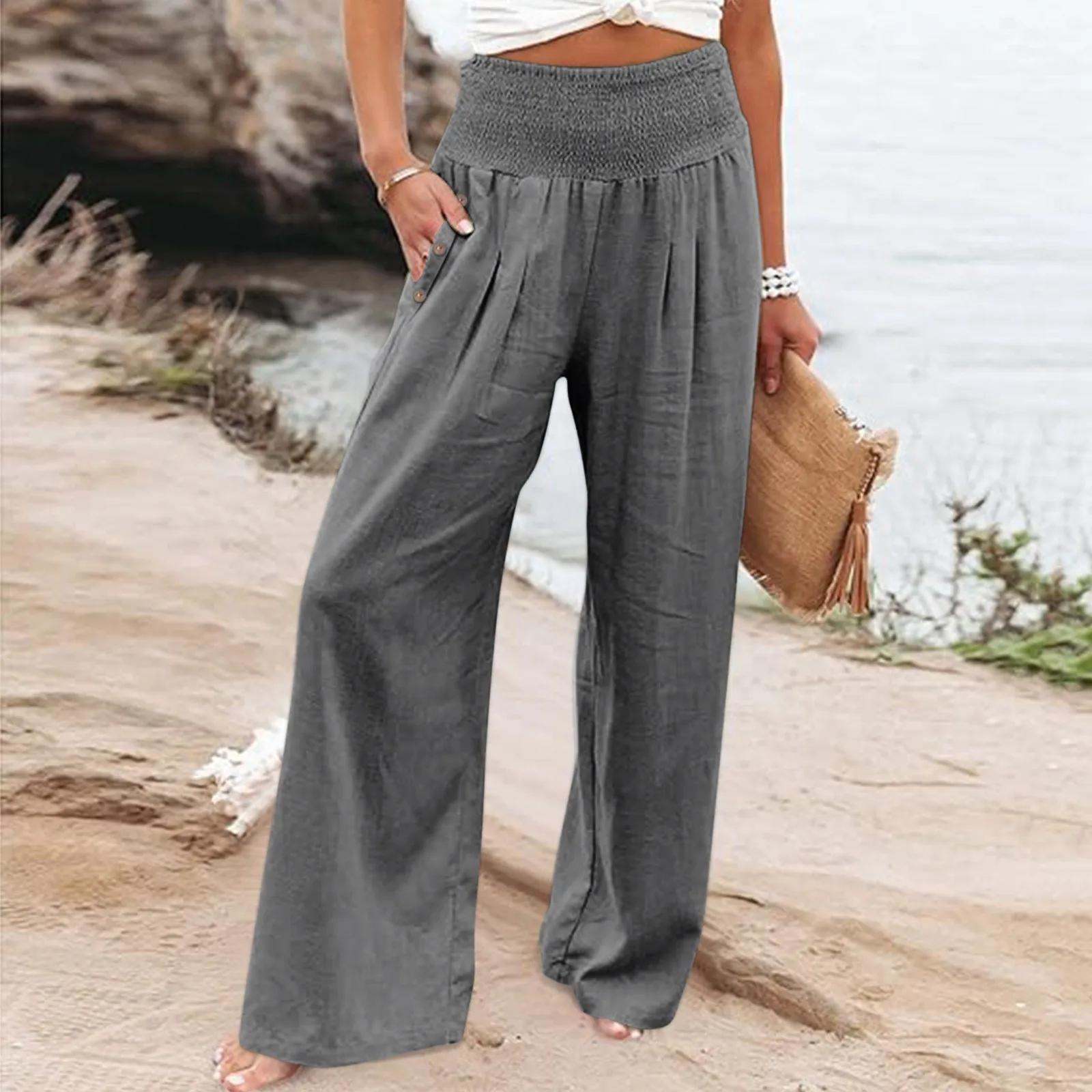 Women Summer Pants Solid Color Elastic Waist Loose Soft Breathable  Full Length Pants Lady Pockets Wide Leg Trousers Sweatpants