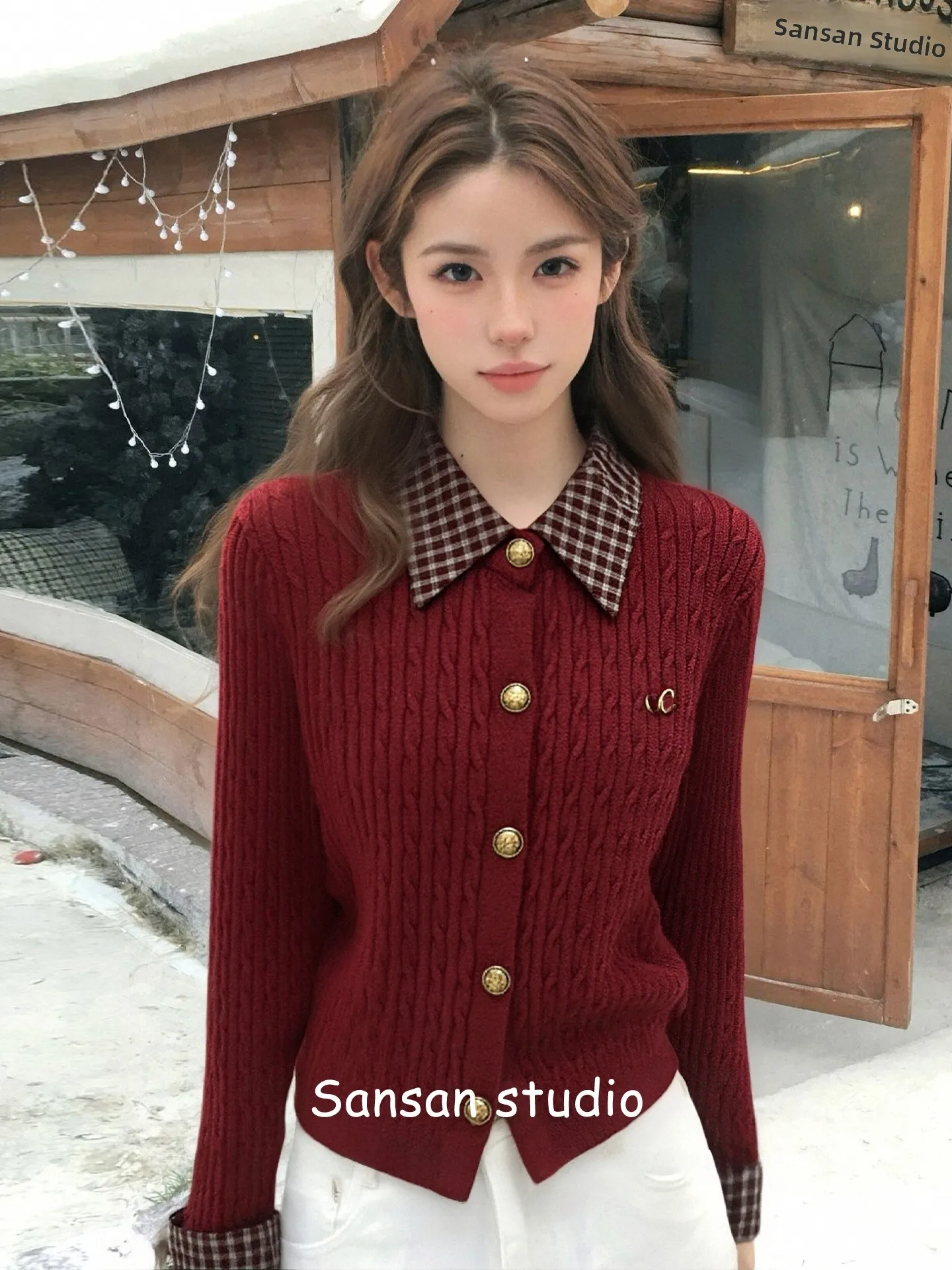 

Korean Sle Ne Knitted Cardigan Women's Winter Plaid Sweater Coat New Year Red Top Soft Loose Fit Long Sve Warmth