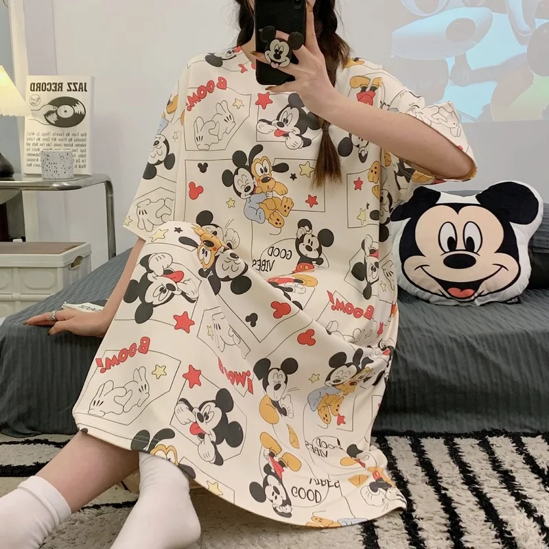 ديزني ميكي انمي ياباني الطرفية المطبوعة منامة الصيف قصيرة الأكمام ثوب النوم فضفاض الكرتون ملابس المنزل هدايا الموضة