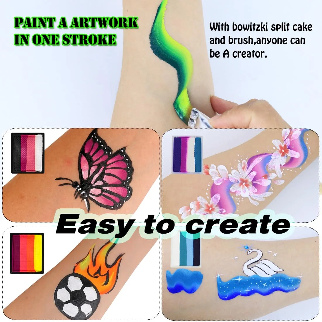Bowitzki Gesichtsbemalung, 12 x 10 g, professionelles Körperbemalungsset für Kinder und Erwachsene, Schablone, einstufiger geteilter Kuchen, Regenbogen-Make-up