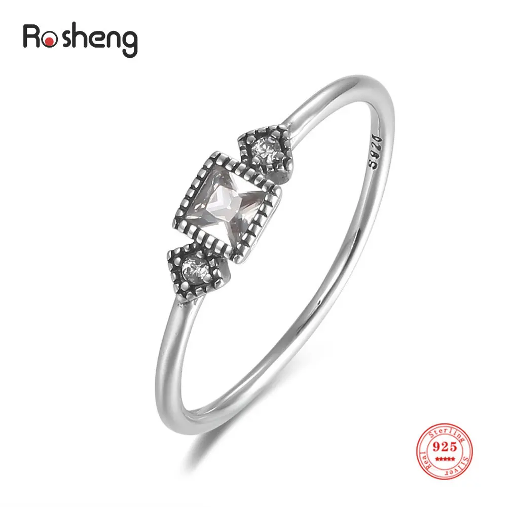 925 Sterling Silver Retro Geometric Square Rings Shining CZ Zircon Finger Ring for Women Elegant Silver Jewelry