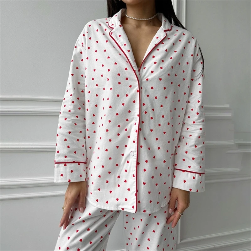 Women Heart Print 2Pcs Long Sleeve Button Up Shirt Pant Pajamas Set