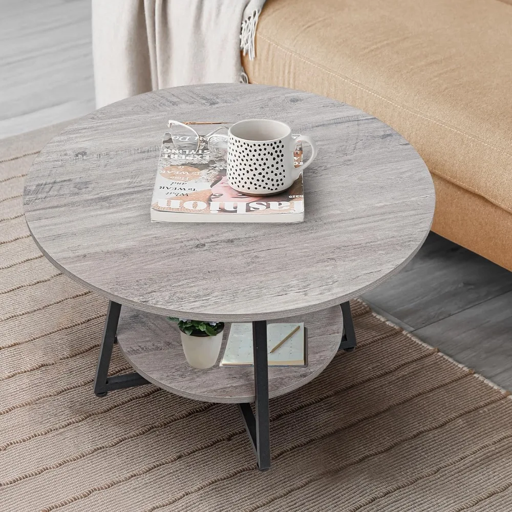 Round Coffee Table, Rustic 2-Tier Circle Coffee Table with Storage, Modern Wood Round Center Coffee Tables for Living Room, Home