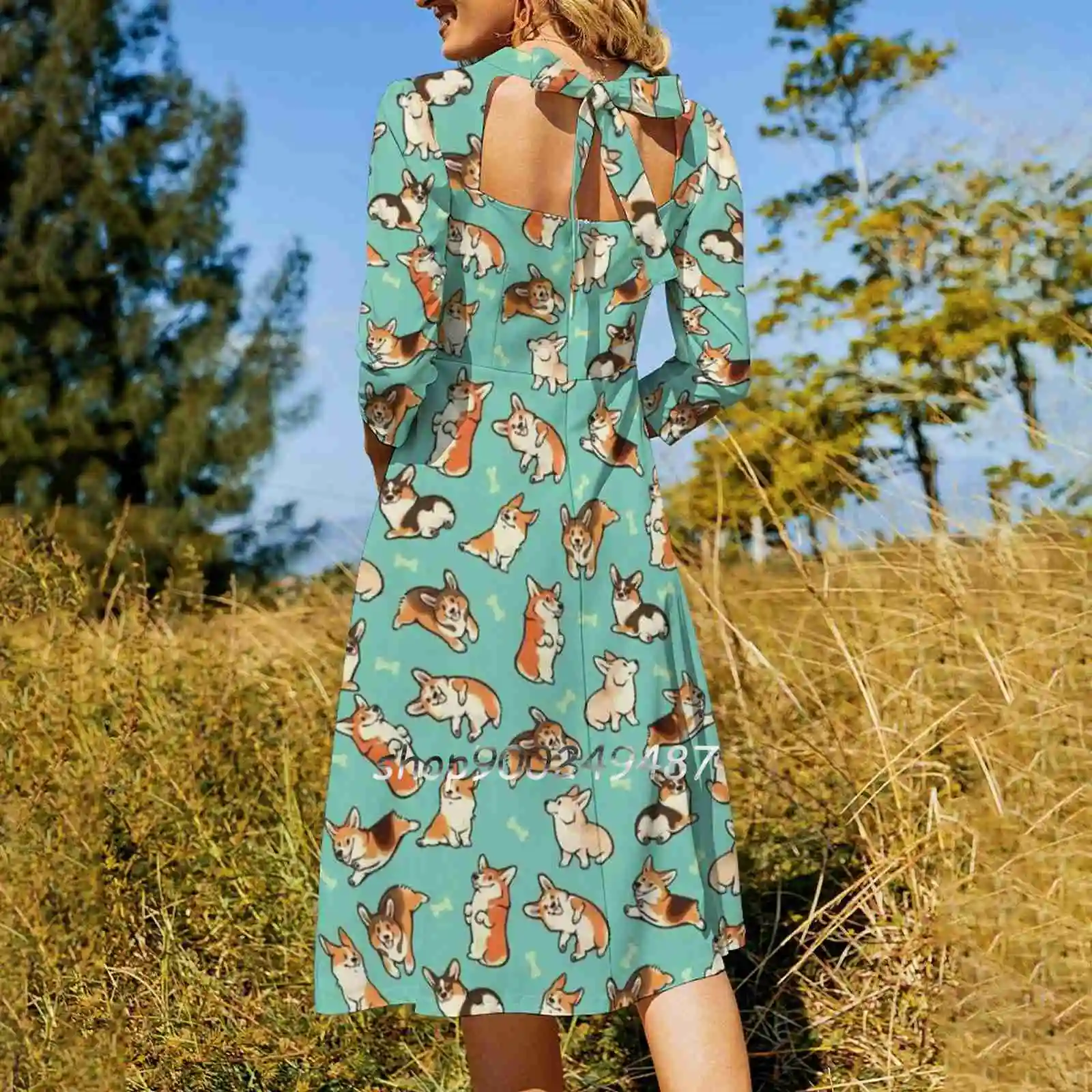 Jolly Corgis In Green Flare Dress Square Neck Dress Elegant Female Fashion Printed Dress Corgi Pembroke Welsh Corgi Dog Pattern