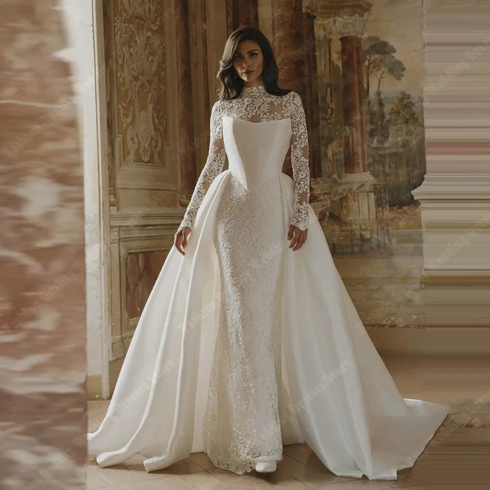 

Elegant Women Wedding Dresses High-Neck Princess Mermaid Prom Bride Gowns Formal Party Long Sleeves Vestidos De Noche Customized