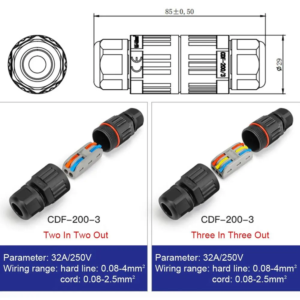 2/3 핀 와이어 케이블 익스텐더, 방수 케이블 커넥터, 스트레이트 퀵 푸시 인 정션 어댑터, 케이블 도체 커넥터, IP68