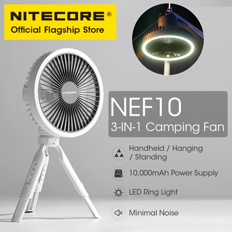 NEF10 NITECORE พัดลมไฟฟ้าสำหรับตั้งแคมป์แบบ3 in 1, USB-C ชาร์จได้ kipas angin gantung langit 10000mAh แหวนไฟ LED แบตสำรองขาตั้งกล้องแบบปรับได้