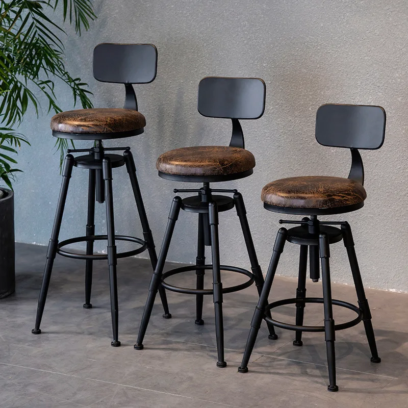 Retro Iron Bar Chair Counter Stools Rotating Lifting Adjust Seating Height 70-90cm Stool Modern Minimalist Backrest Furniture