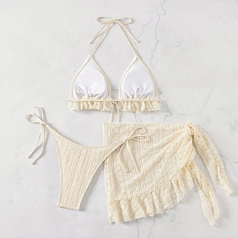 Sexy Bikini Set Bathing Suit Women Triangle Spliced Ruffles Halter Swimwear Push Up Bandage Cover Up Beachwear 3 Piece Swimsuit