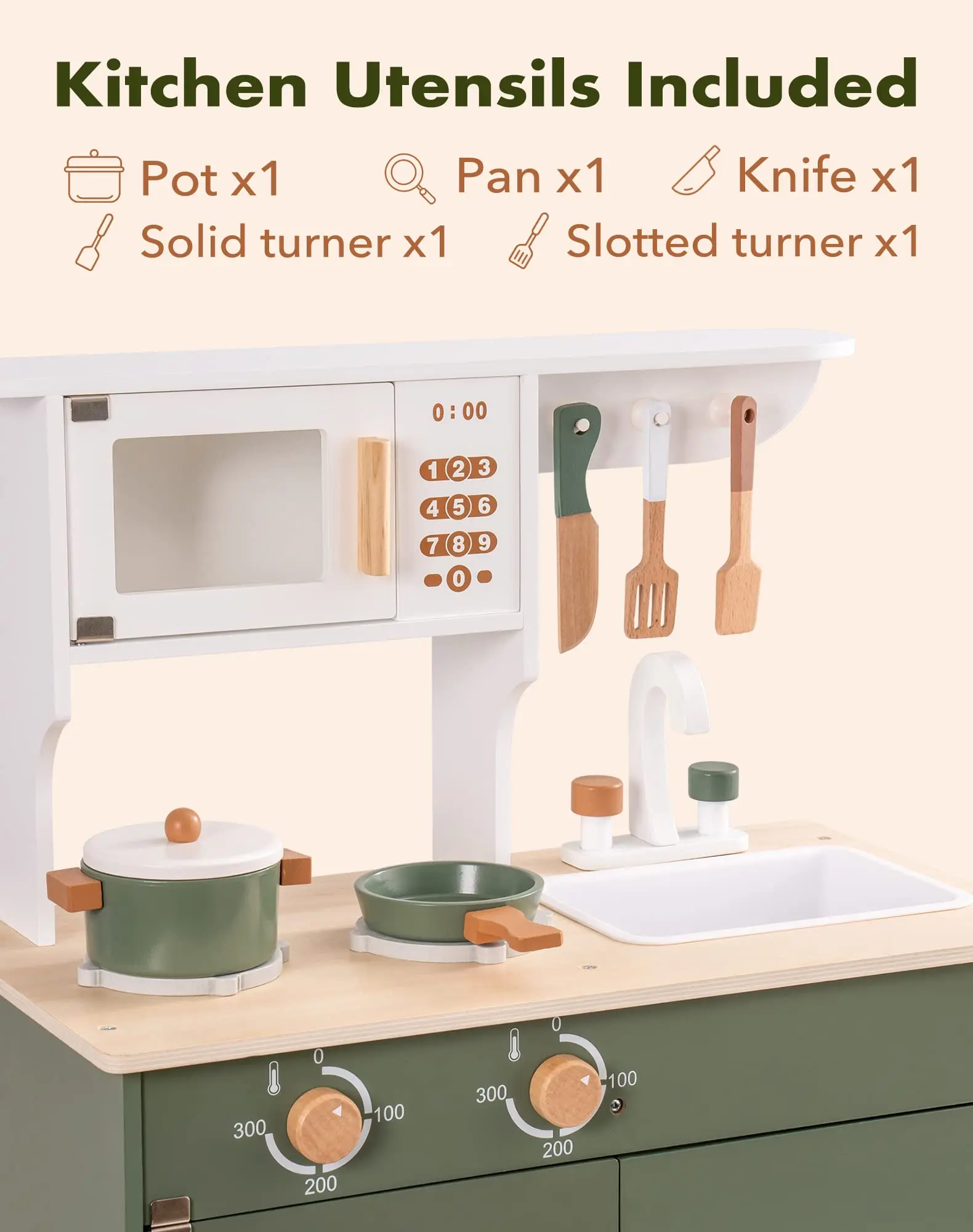 ROBOTIME Dapur Bermain dengan Dispenser Es Batu Pura-pura, Set Permainan Dapur Anak Kayu, Set Dapur Mainan untuk Balita (Hijau Antik)
