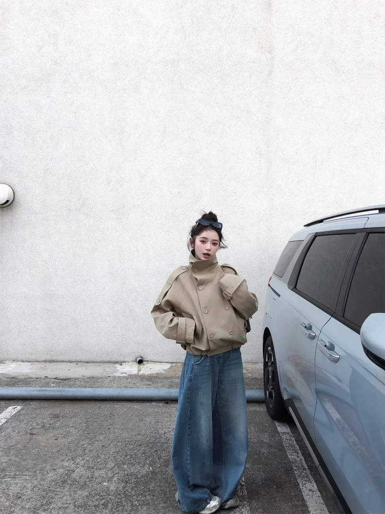 Kaki Short Stand Collar Women's Jacket Double Row Buttons British Style Coat Spring Autumn Small Size High Sensation Outerwear
