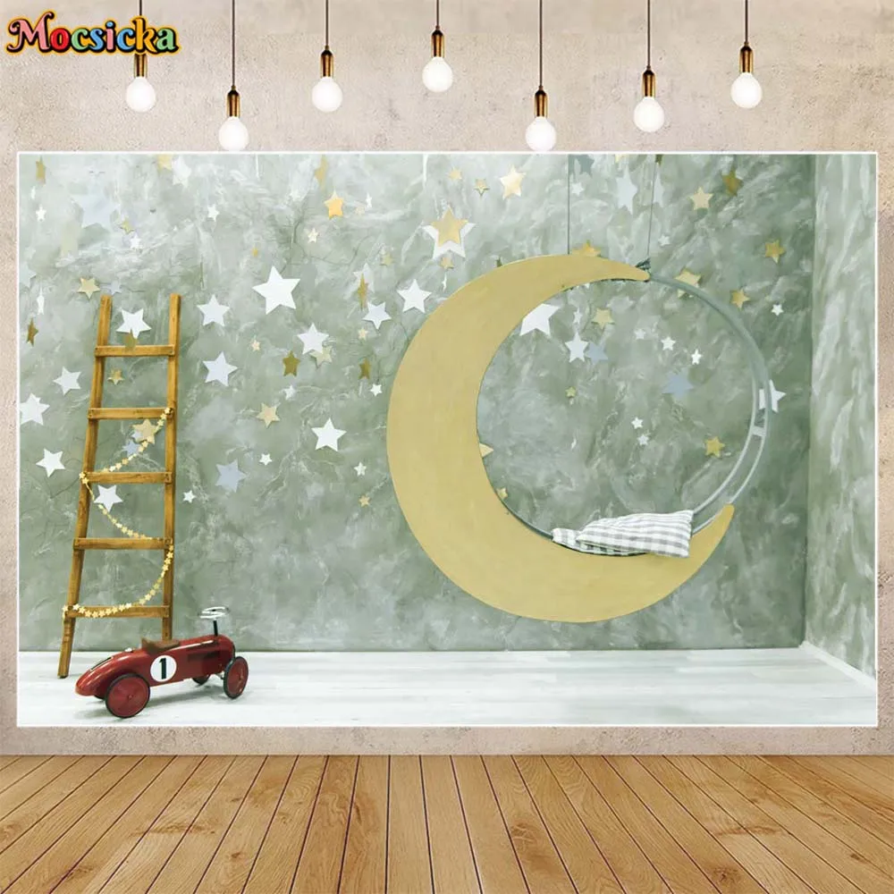 Mocsicka Newborn Photography Background Green Marble Wall Moon Star Baby 1st Birthday Photo Backdrop Photo Studio Shooting Props