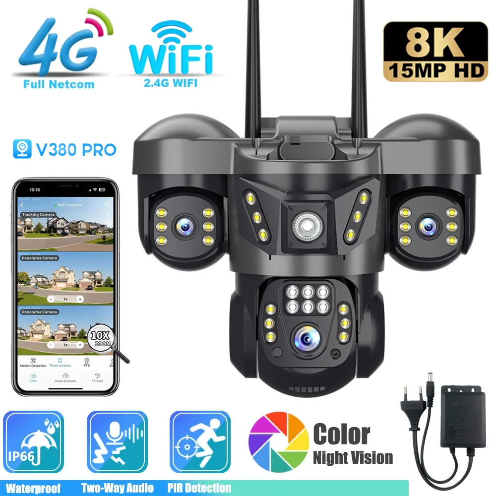 

CCTV Auto Tracking Waterproof 15MP Triple Lens IP Camera Outdoor Wifi Human Detection Two Way Audio Video 4G Security Wireless