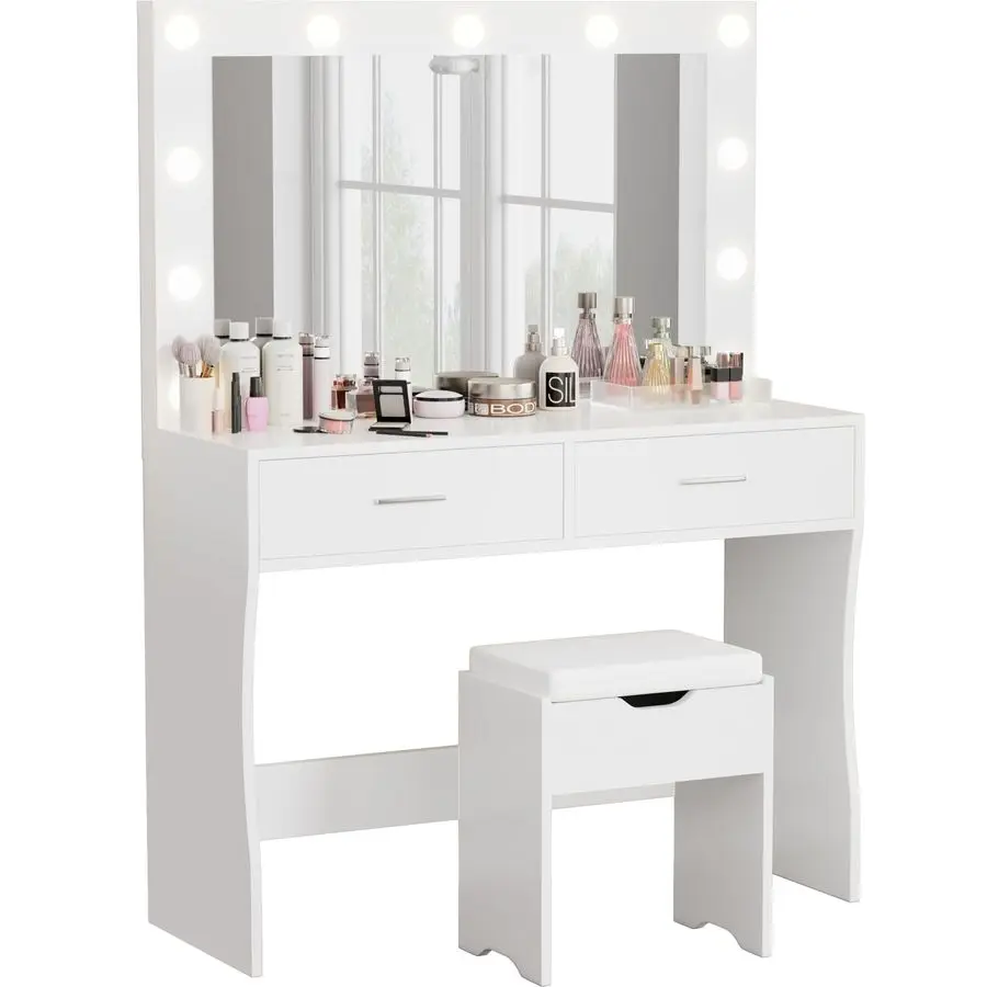 

Furmax Vanity Desk Set with Large Lighted Mirror, 35.4 Inch Makeup Vanity Table with 2 Drawers, Cushioned Storage Stool, 3 Light