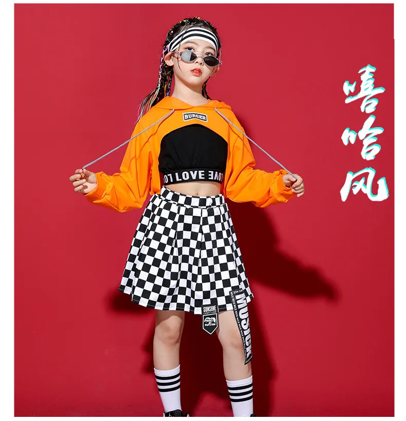 Children Jazz Dance Costume Crop Top Long Sleeve T Shirt Streetwear Checkered Skirt for Girl Dance Costume Clothes