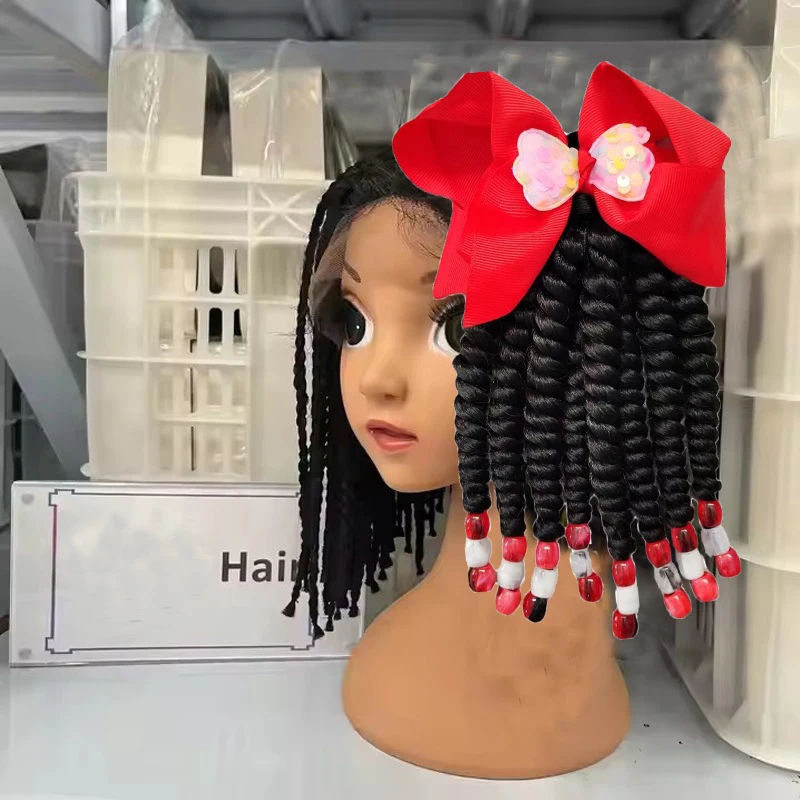 NEW Kids Braid Ponytail Extension with Elastic Bow Clip in Beads Wig for Children Girls with Bead Decoration Synthetic Hairpiece