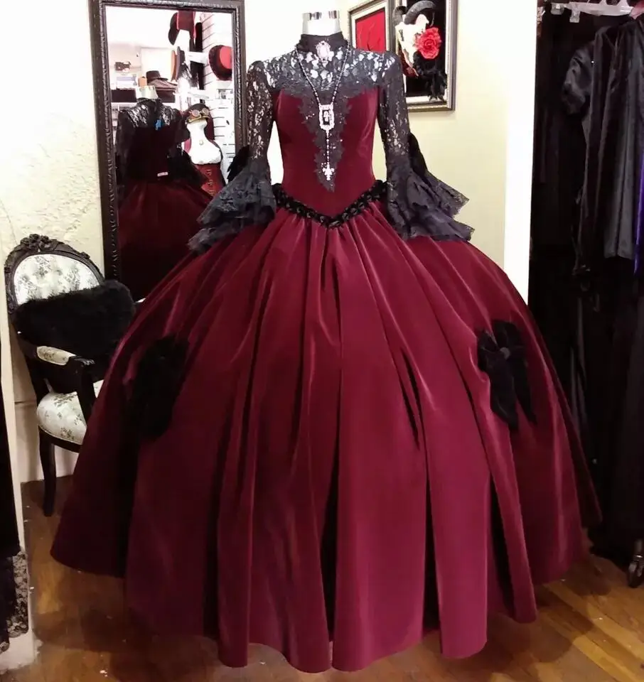 Women Gothic Burgundy Quinceanera Dress Velvet Punk Vampire Wedding Dress Victorian Long Sleeve Floor Length Gothic Dress